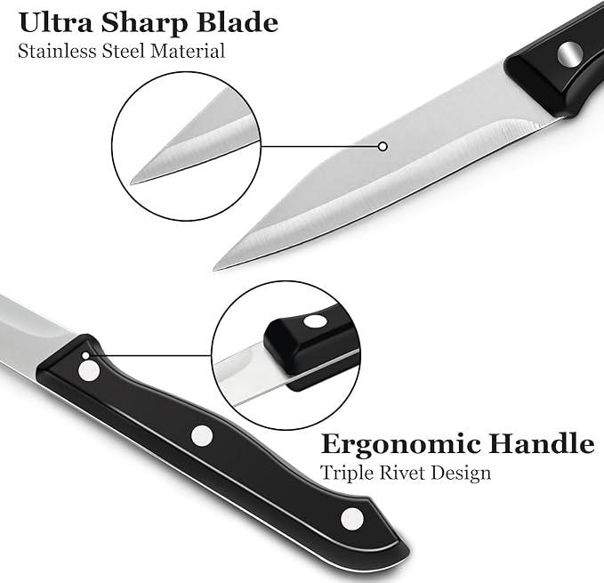 BEWOS 4-Piece Paring Knife Set - Paring Knives with Ergonomic Handle, 3.5 Inch Triple Rivet Paring Knives, Stainless Steel/Black Parers for Vegetable, Fruit & Kitchen Use
