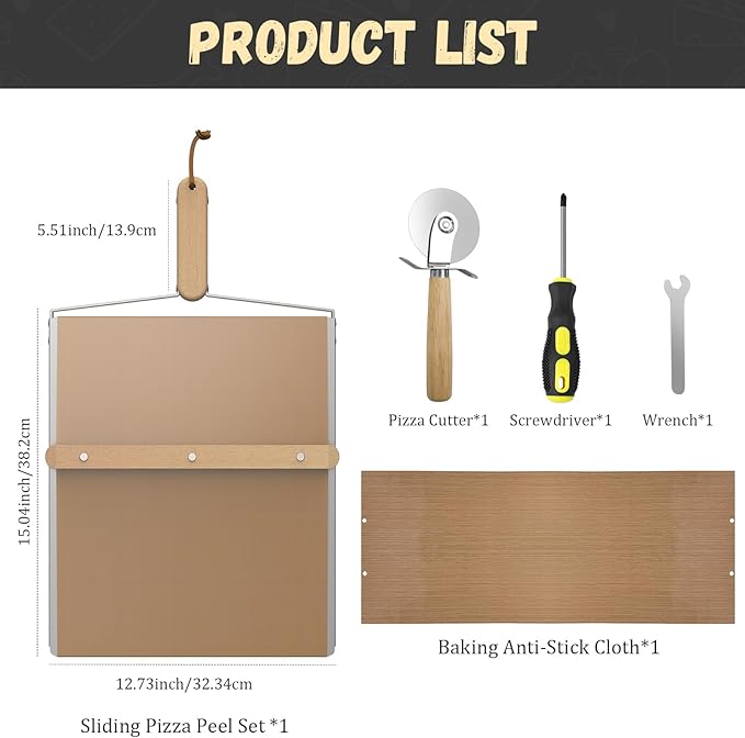 Sliding Pizza Peel, large Pizza Peel Metal Sliding Tray 16” X 13” Making 10-14 Inch, 304 Stainless Steel Metal Premium Pizza Board with Solid Wood Handle, and Pizza Cutter Wheel
