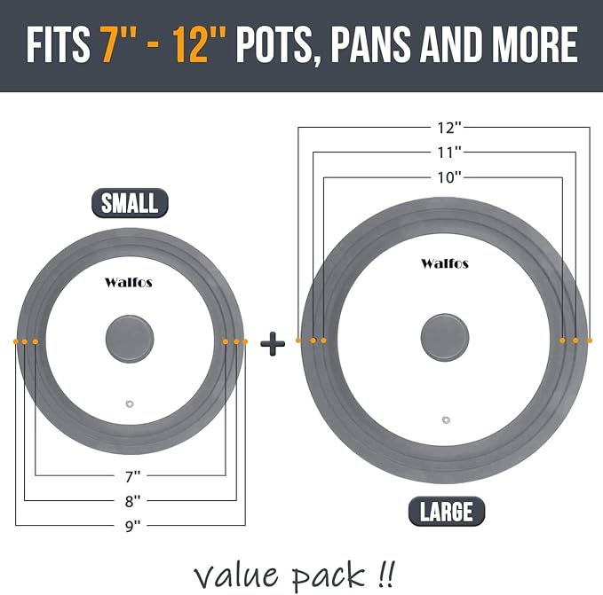Universal Lid for Pots, Pans and Skillets - Walfos Tempered Glass Pan Lid with Heat Resistant Silicone Rim, BPA Free Large Pot Lids Fits 7" to 12" Diameter Cookware, Dishwasher-Safe, Grey