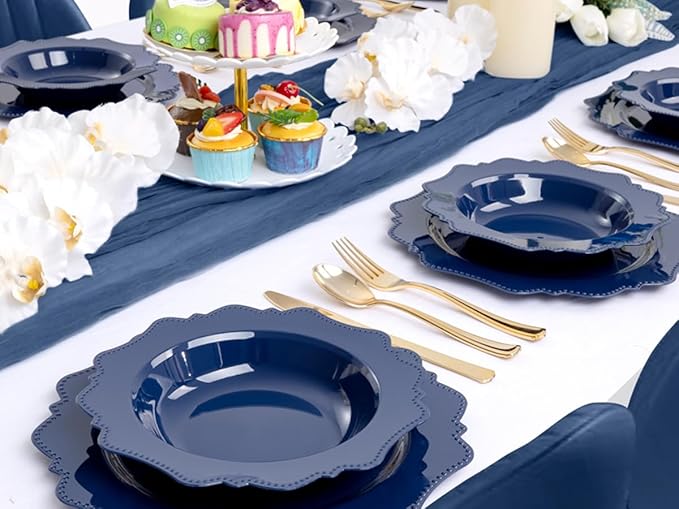 COLOSUS Navy Blue Plastic Party Bowls (60 Pack) 12 Oz Disposable Soup/Salad Bowl, Fancy Shatterproof Dinnerware for Catering, Holidays, Weddings, and Everyday Use