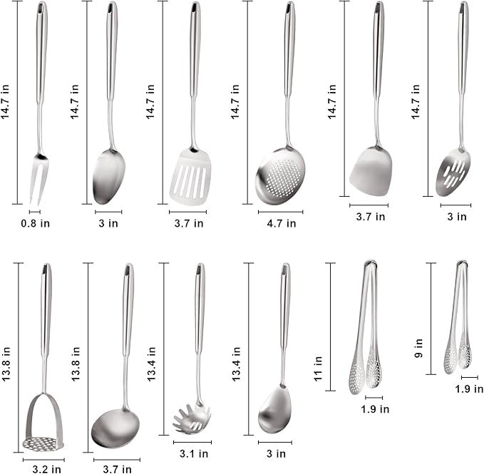 18/10 Stainless Steel Kitchen Utensils Set, 304 Stainless Steel Utensil, 12 PCS Large Metal Cooking Utensil Tools Set