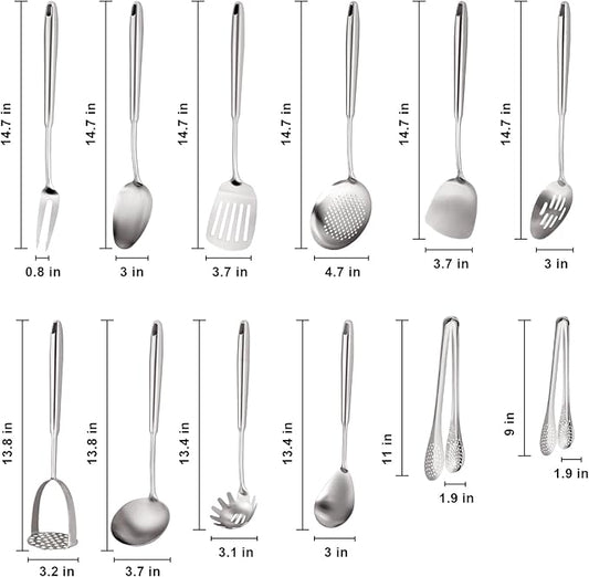 18/10 Stainless Steel Kitchen Utensils Set, 304 Stainless Steel Utensil, 12 PCS Large Metal Cooking Utensil Tools Set
