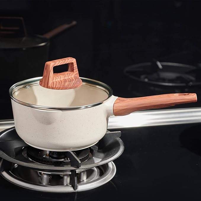 2 Quart Nonstick Sauce Pan with Lid, Small Sauce Pots for Cooking with Pour Spout, Small Induction Pot with Handle for Stove, Induction, Gas, Non Toxic, PFOA Free (Beige, 1 PCS)