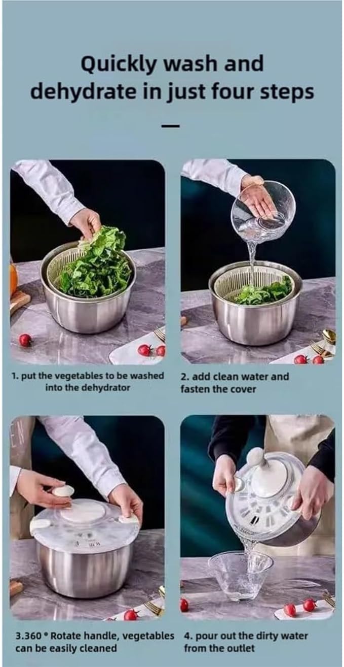6L Stainless Steel Salad Lettuce Spinner, Fruit Vegetable Cleaner Vegetable Washer Spinner Quick Spin for Household Vegetables and Pasta Fries Spinner Essential Kitchen Utensils spinners (A)