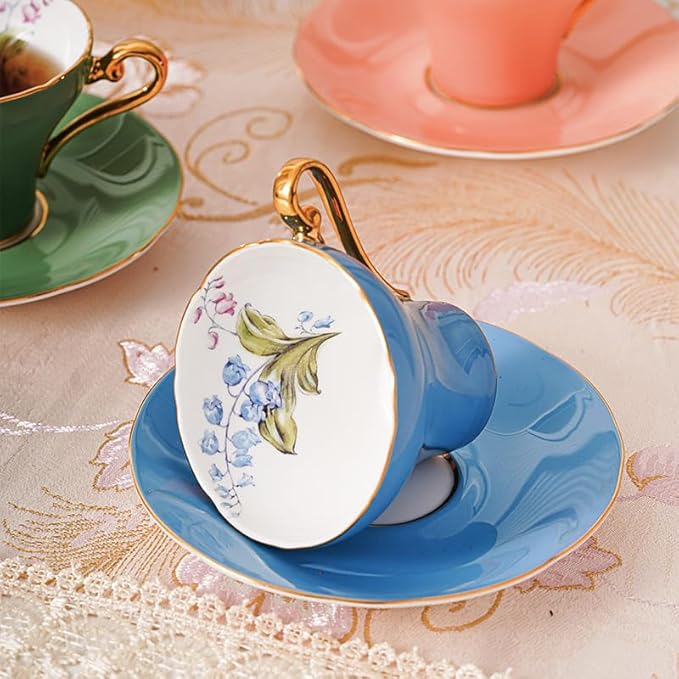 Aynsley Handpainting Colored Glaze Lily of the Valley Corset Fine Bone China English Tea Cup and Saucer Set, 6.1 oz (Turq)