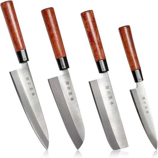Traditional Japanese Professional Kitchen Chef Knife Set - Premium Gyuto Santoku Nakiri Petty High Corrosion Resistance Full Tang Knife Set