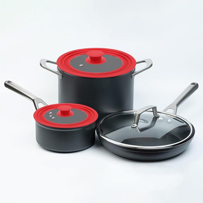 uxcell 1Pcs Universal Lid for Pot Fit 6.5, 7, 8 Inch Diameter Cookware, Replacement Pan Lids with Heat Resistant Silicone Rim, Steam Vent Pan Lid for Pots, Frying Pans, Skillets, Red