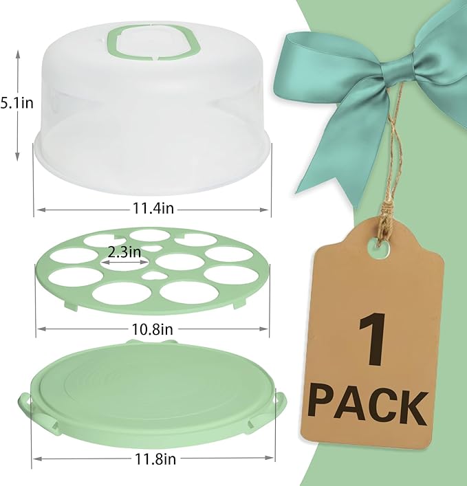 Green Plastic Cake Carrier with Lid and Handle, 4 in 1 Multipurpose Cupcake Holder Stand for 11 '' Cake, Round Portable Dessert Storage Container Box with Cover for Pie Pizza Eggs Fruit Snack