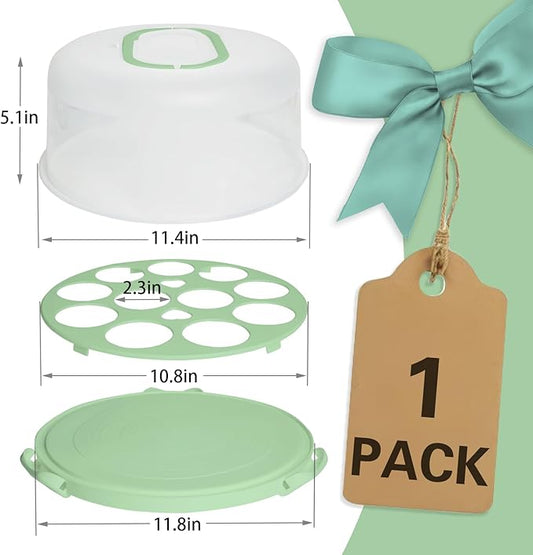 Green Plastic Cake Carrier with Lid and Handle, 4 in 1 Multipurpose Cupcake Holder Stand for 11 '' Cake, Round Portable Dessert Storage Container Box with Cover for Pie Pizza Eggs Fruit Snack