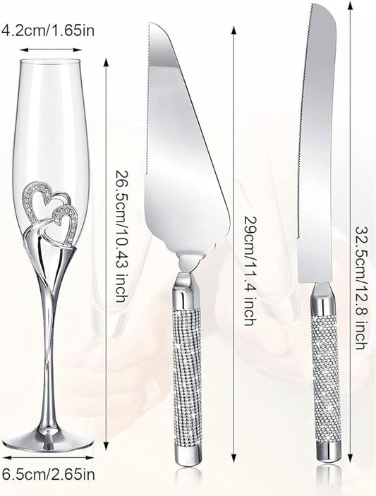 Elegant Wedding Champagne Flutes and Cake Knife Set, Features Rhinestone Rimmed Toasting Glasses and Cake Cutting Server for Couple’s Special Day (Silver)