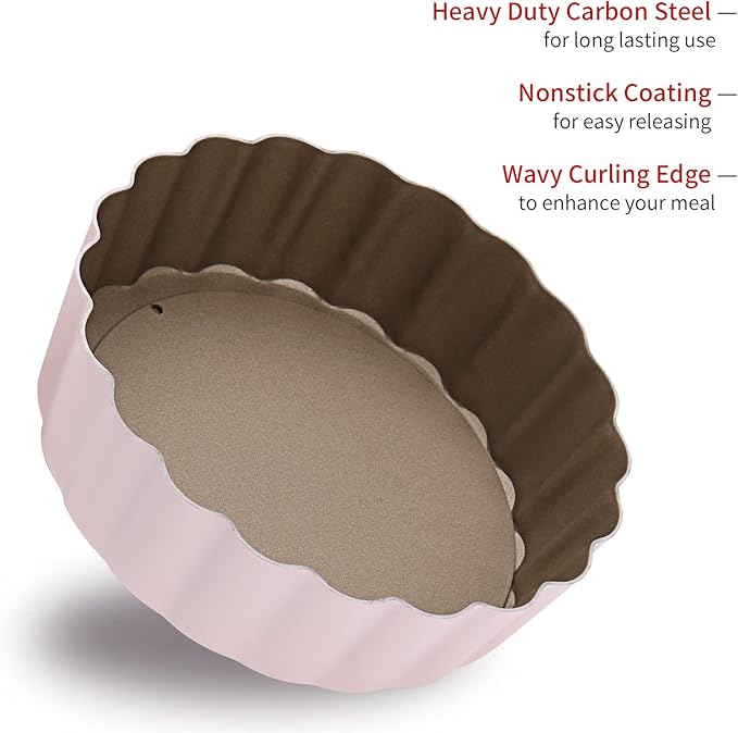 Mini Round Tart Pan with Removable Bottom, Nonstick Mini Pie Pans for Baking, Carbon Steel Quiche Pan Set for Cupcake Muffin Cakes and Desserts, Including 6 Tart Pan and 1 Tart Tamper (Pink)