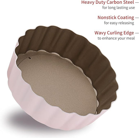 Mini Round Tart Pan with Removable Bottom, Nonstick Mini Pie Pans for Baking, Carbon Steel Quiche Pan Set for Cupcake Muffin Cakes and Desserts, Including 6 Tart Pan and 1 Tart Tamper (Pink)