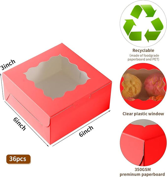 36 pcs 6x6x3 Inches Small Cake Box with Window, Bakery Pastry Cookie Boxes, Mini Pie for Pastry,Dessert,Strawberries,Chocolates, Cupcakes with paper stickers (Red)