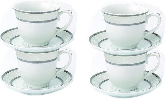 World Gifts Elegant Durable and Colorful Porcelain Tea-Coffee Cups and Saucers Set - Silver, 8 oz. Set of 4