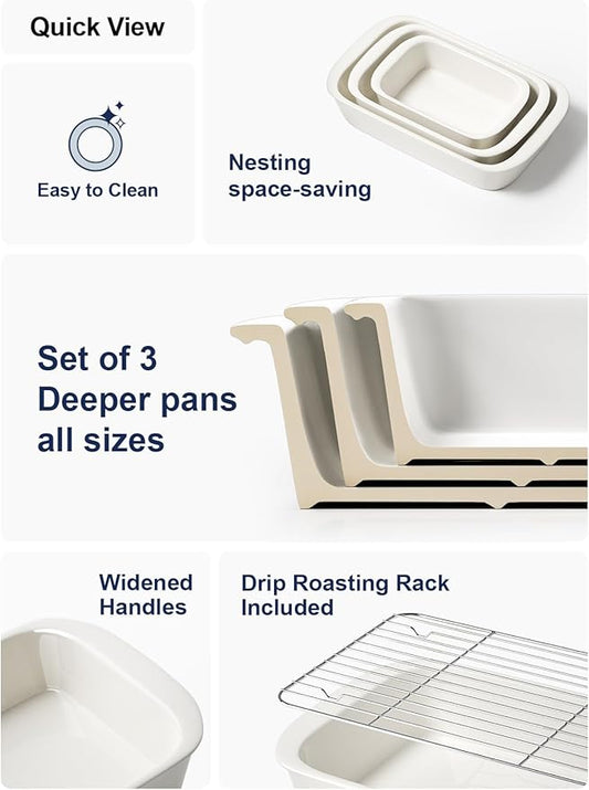 LE TAUCI Deep Casserole Dishes for Oven, 13.7”x9.6” Ceramic Baking Dish Set with Roasting Racks, Large Lasagna Pans with Handles, Rectangular Bakeware as Gift for Mom, White (4.6QT/3.0QT/1.6QT), Set of 3