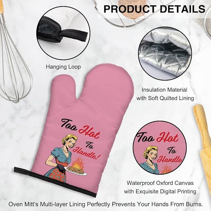 Too Hot to Handle Oven Mitts and Pot Holders Set, Retro Kitchen Gadgets, Cookie Lovers, Suit for New Female Chefs, Gifts for Baking Dessert Lovers of Women, Birthday Gifts for Housewives