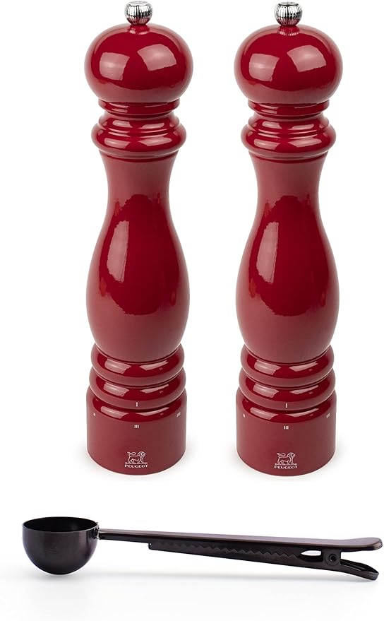 Peugeot Paris u'Select 6 Setting Manual Salt & Pepper Mill Set With Black Stainless Steel Spice Scoop Made In France (Passion Red, 12- Inch)