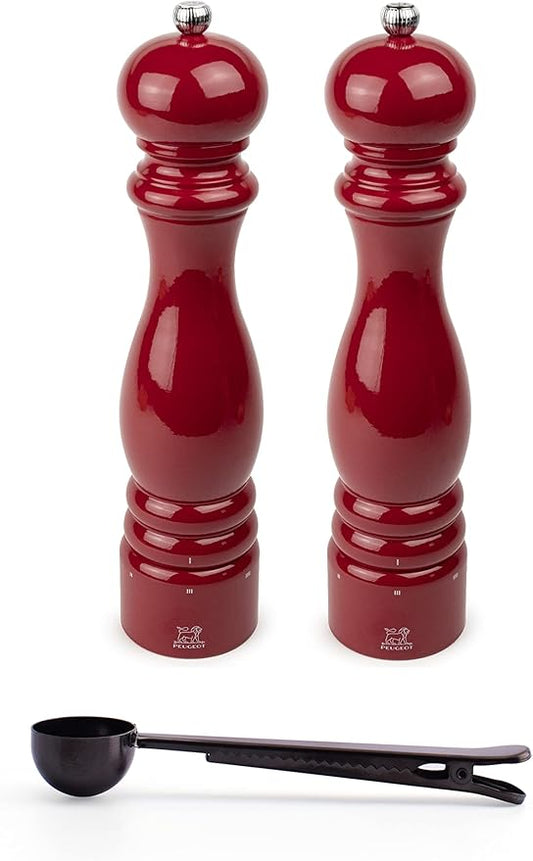 Peugeot Paris u'Select 6 Setting Manual Salt & Pepper Mill Set With Black Stainless Steel Spice Scoop Made In France (Passion Red, 12- Inch)