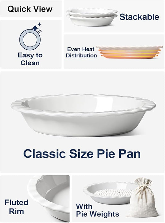 LE TAUCI Ceramic Pie Dish and Pie Weights Set, 9 Inches Pie Pans for Baking, 36 OZ Round Fluted Pie Plates for Apple Pie, Quiche, Pot Pies, Tart – Set of 2, Classic White