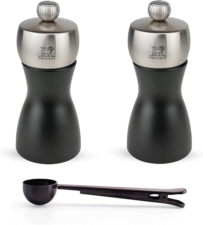 Peugeot Fidji Manual Beech Wood & Stainless Steel Salt & Pepper Mill Set With Black Stainless Steel Spice Scoop Made In France (Black, 4.75- Inch)