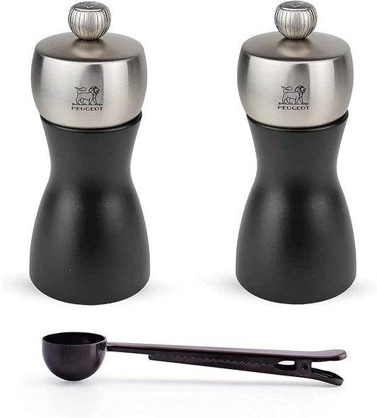 Peugeot Fidji Manual Beech Wood & Stainless Steel Salt & Pepper Mill Set With Black Stainless Steel Spice Scoop Made In France (Black, 4.75- Inch)