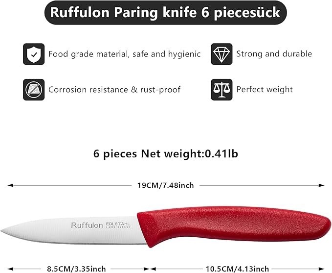 Paring Knife Fruit Knife Set (6 Pieces), Ultra Sharp Stainless Steel Vegetable and Fruit Knife with PP Plastic Ergonomic Handle for Cutting Fruits and Vegetables,Red