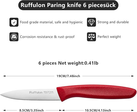 Paring Knife Fruit Knife Set (6 Pieces), Ultra Sharp Stainless Steel Vegetable and Fruit Knife with PP Plastic Ergonomic Handle for Cutting Fruits and Vegetables,Red