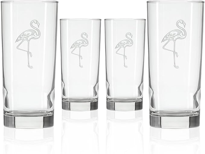 Rolf Glass Flamingo Highball Glass | 15oz Cooler Glasses | Lead-Free and Sand-Etched | Heavy Base, Thick Glass | Made in the USA | Tropical and Coastal Engraved Pineapple | Set of 4