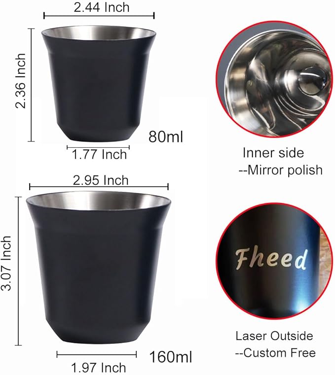 2 PCS 80ml Double-layer Anti-scalding Stainless Steel Coffee Cup Espresso Cup Set Vacuum Cup Powder Receiver Milk Jug