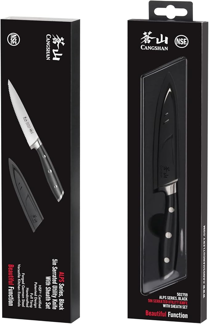 Cangshan ALPS Series 502759 German Steel Forged 5-inch Serrated Utility Knife with Sheath, Black