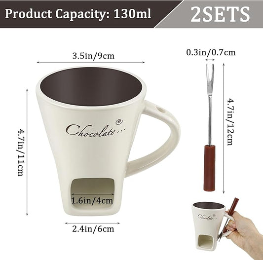 2 Sets Chocolate Fondue Cup with Fork, Ceramic Chocolate Melting Mug, Porcelain Melt Chocolate Fondue Crucible, Mini Fondue Pot for Cheese Caramel Butter