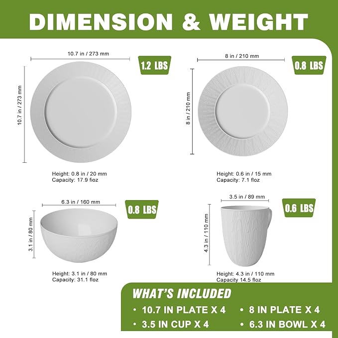 Yoshy 16-Piece White Embossed Mesh Bone China Dinnerware with Lightweight Durable Chip Resistant Design Service for 4