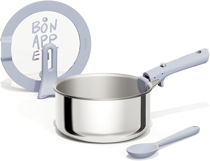CAROTE Stainless Steel Sauce Pan with Detachable Handle, 4pcs Stainless Steel Pot, 4QT Saucepan with Lid, Non-Toxic Induction Kitchen Cookware, Stand-Up Lid, Oven Safe, Blue