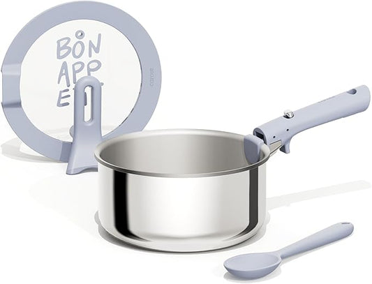 CAROTE Stainless Steel Sauce Pan with Detachable Handle, 4pcs Stainless Steel Pot, 4QT Saucepan with Lid, Non-Toxic Induction Kitchen Cookware, Stand-Up Lid, Oven Safe, Blue
