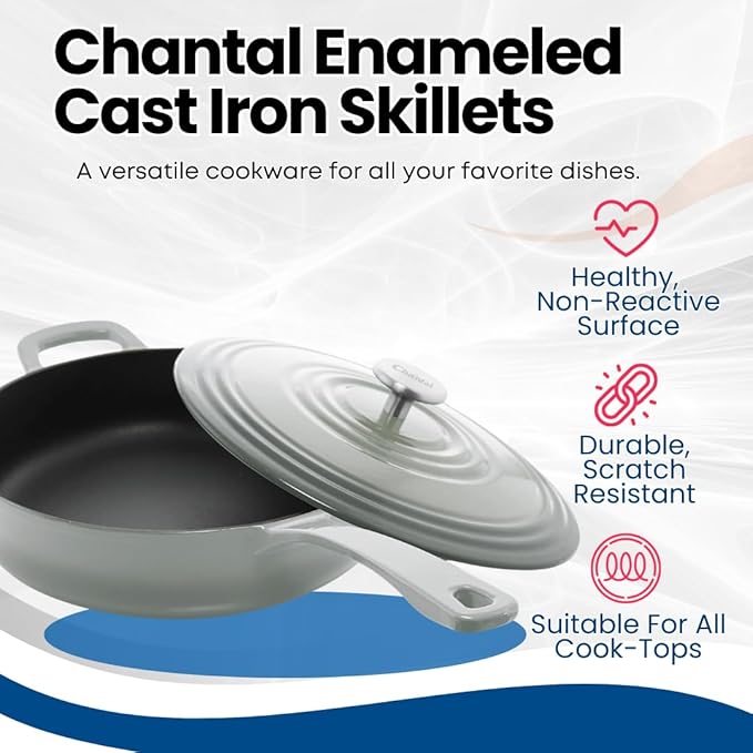 Chantal Cast Iron Skillet Sauté Pan with Lid, 4 qt, US Formulated Premium Enamel, Fade Grey