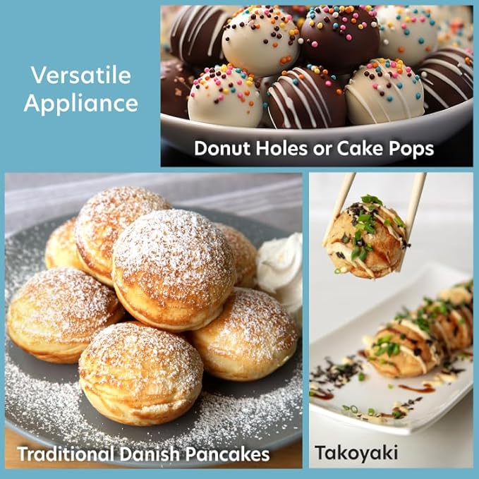 Ebelskiver Maker- Electric Non-stick Baker for Making Takoyaki, Ebelskiver or Octopus Balls, Aebleskivers, Donut Holes & Cake Pops, Unique Danish Mini Pancakes or Dessert Treat- Baking Gift for Her