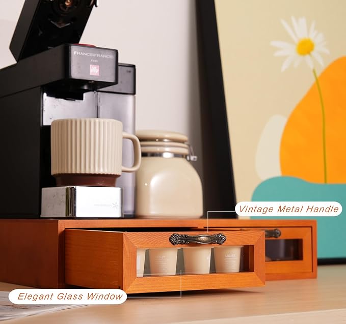 Wooden K-Cup Organizer - Coffee Pod Storage Box, 15.6 * 11.7 * 3.1 in, Compatible for Keuring Pod Holder, 30-50 Pod Capacity, No Assembly Required, Tea Bag Organizer Counter, Coffee Stand with Drawer