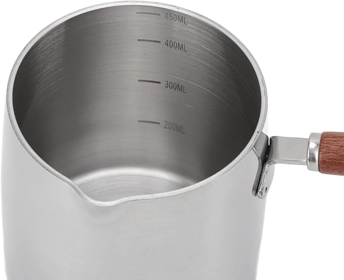 Stainless Steel Turkish Warmer Coffee and Butter Warmer - 450ml/15oz Milk Pot with Spout and Wooden Handle