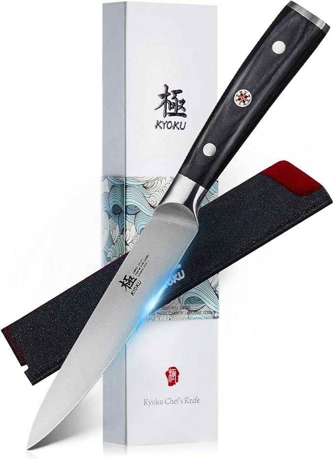 KYOKU 5" Kitchen Utility Knife, Samurai Series Chef Knife with Pakkawood Handle & Mosaic Pin, Japanese High Carbon Steel Knife, Full Tang Kitchen Knife for Vegetable Fruit Herb with Sheath and Case
