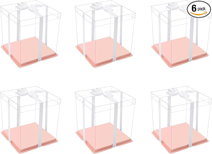 XININSUN clear cake box with ribbon,8inch 10inch cake boxes,transparent tall cake box cake carrier,Square Cardboard Cake Containers clear gift box for Wedding,Birthday,Party(6pcs-Pink)