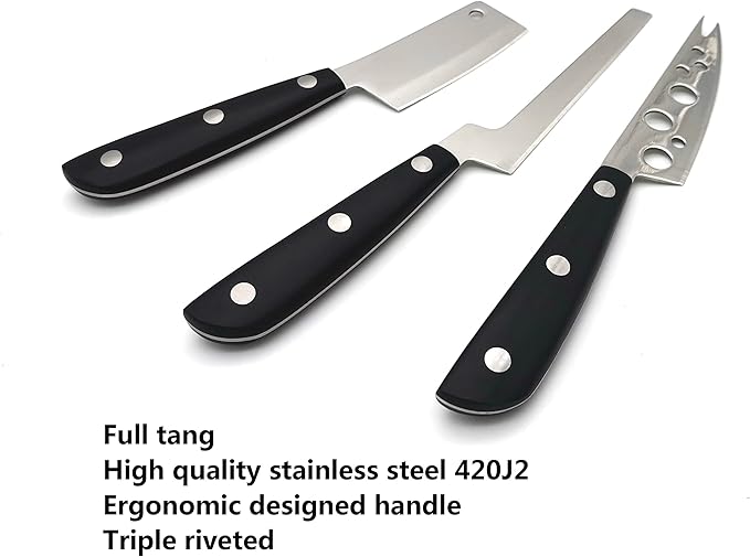 Cheese Knife Set, MATTSTONE HILL Cheese Knives - Soft & Semi Hard Cheese Knife, Soft Cheese Slicer, Cheese Cleaver, Premium Stainless Steel, Black Handle