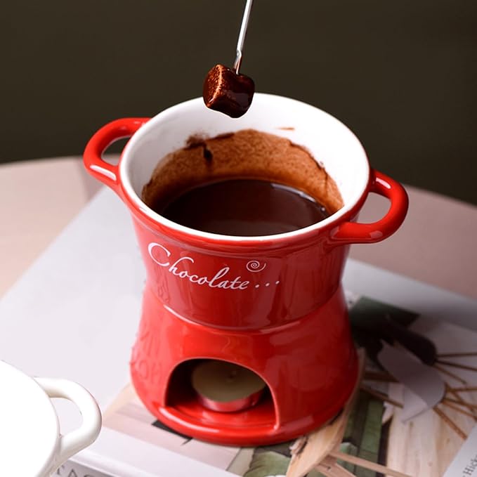 Chocolate Fondue Mug - 330 ml Ceramic Chocolate Melting Cup | Ceramic Personal Fondue Coffee Mug Warmer with Fork | Handmade Melting Butter Warmer for Appetizer Dessert Cheese (Red)