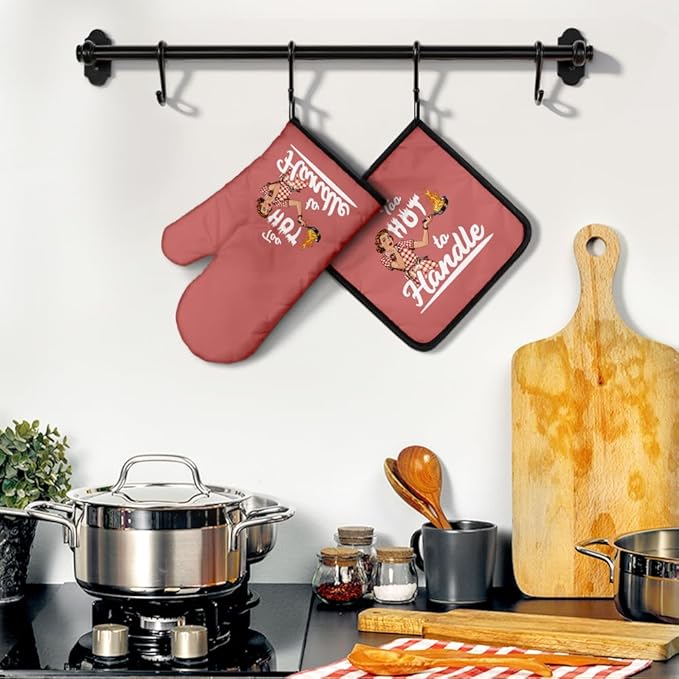 Too Hot to Handle Funny Oven Mitts and Pot Holders Sets, Retro Kitchen Decor Oven Mitts for Women, Baking Gifts for Her Housewives, Housewarming Present for Bakers, Hostess Gifts for Mom Wife