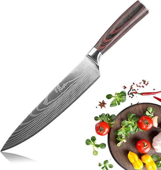 Kitchen 8 Inch Chef's Knife, Professional Japanese Chef Knives with High Carbon Stainless Steel Ultra, Sharp Knives with Ergonomic Color Wooden Handle for Cooking Meat, Fruits, Vegetables.
