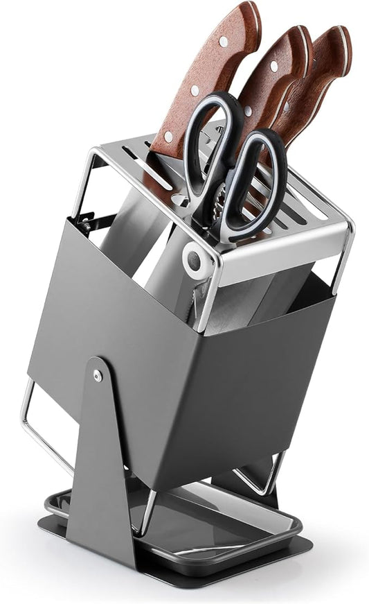 Universal Knife Block Holder - Stainless Steel Knife Holder without Knives for Kitchen Countertop Kitchen, Knife Organizer Holds 8 Knives and 1 Sharpening Steel (Grey)