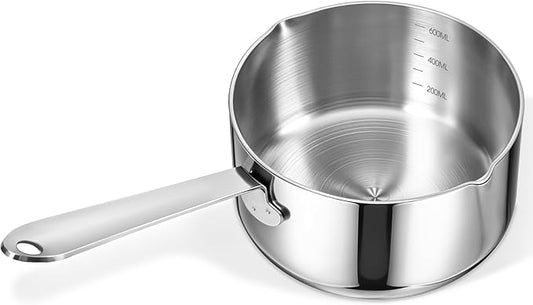 Stainless Steel Butter Warmer Measuring Pan 20 OZ Small Sauce Pan 18/10 Tri-Ply Stainless Steel Saucepan with Dual Pour Spouts, 0.63 Quart