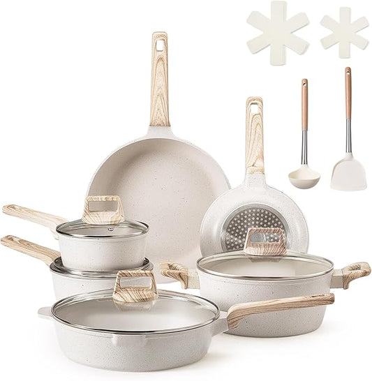 VEVOR 17 Piece Pots and Pans Set, Granite Nonstick Cookware Set, Induction Cookwares, Kitchen RV Cooking Sets with Frying, Sauce, Saute, Tempered Glass Lids, and Pan Protectors, White