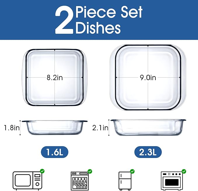 NUTRIUPS (1.7QT+2.4QT) Square Glass Baking Dish Set,2 Piece Square Glass Baking Pan (8.2x8.2 & 9x9 Inches)