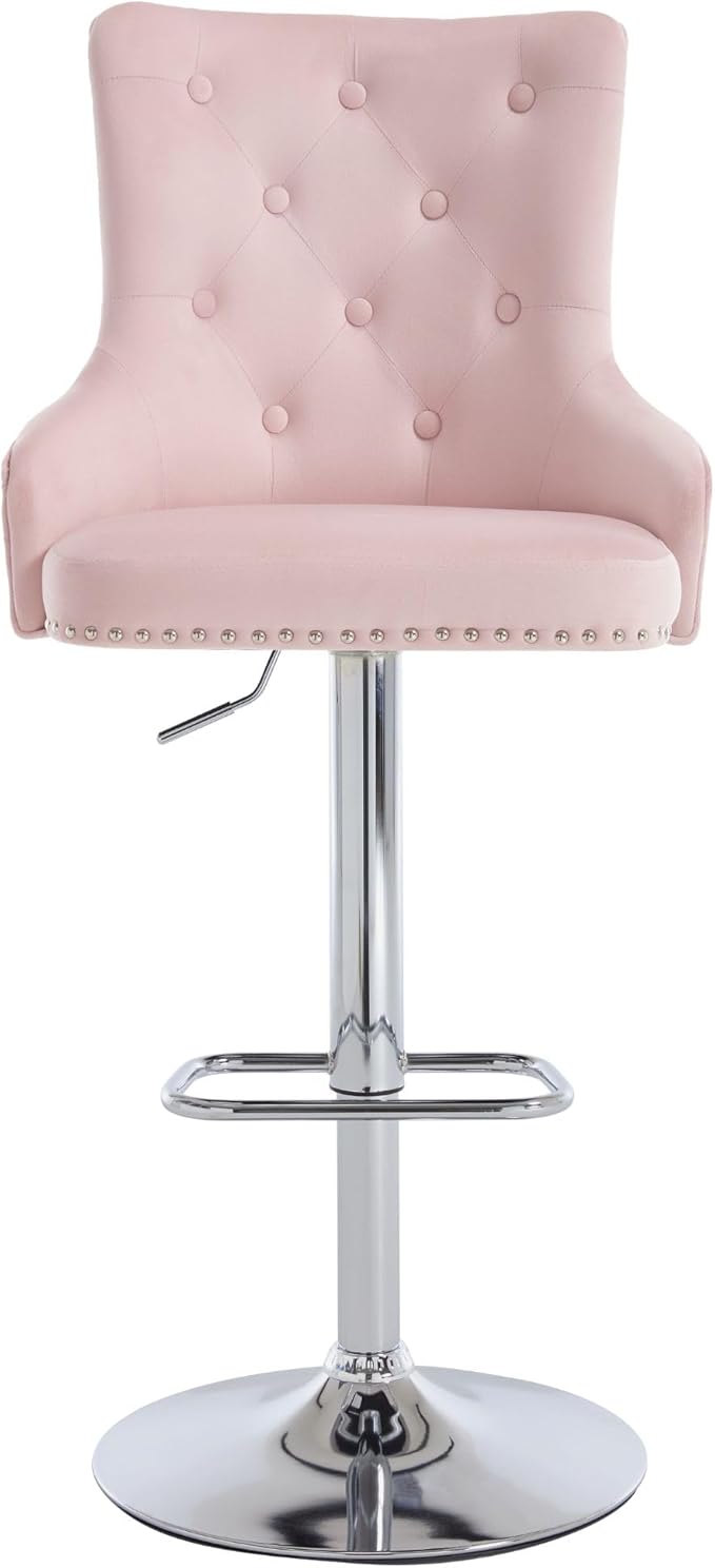 Velvet Lion Bar Stools Set of 6, Modern Height Adjustable Swivel Barstools with Chrome Base, Tufted Counter Height Bar Stools Upholstered Bar Chairs for Kitchen Island, Dining Room, Pink