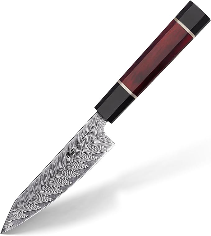 FINDKING 5 Inch Damascus Paring Knife, Compact and Versatile Blade for Fruit and Small Kitchen Cutting, Versatile Utility Pairing Knife, Portable for Travel, Picnic and Bar Use (Samurai Series)